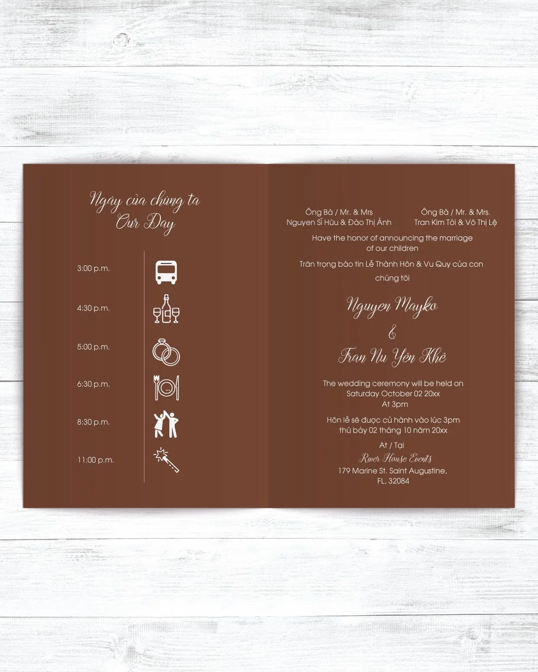 Dark Brown Invitation Half Fold Vietnamese & English Wedding Invitation