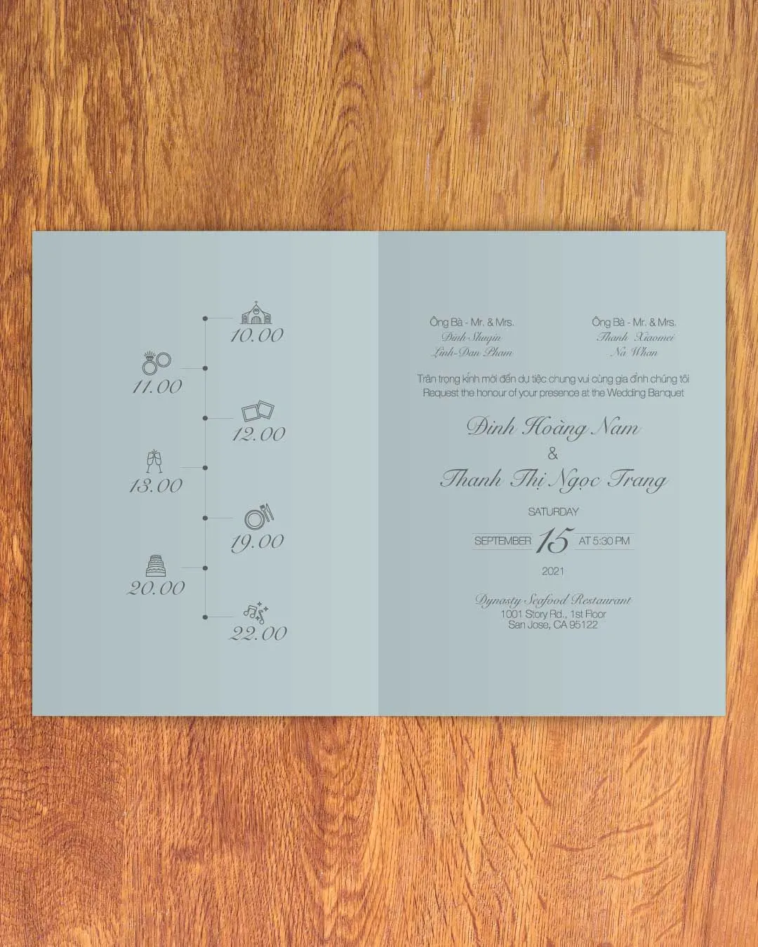 Dull Emerald Drawn Half Fold Vietnamese & English Wedding Invitation
