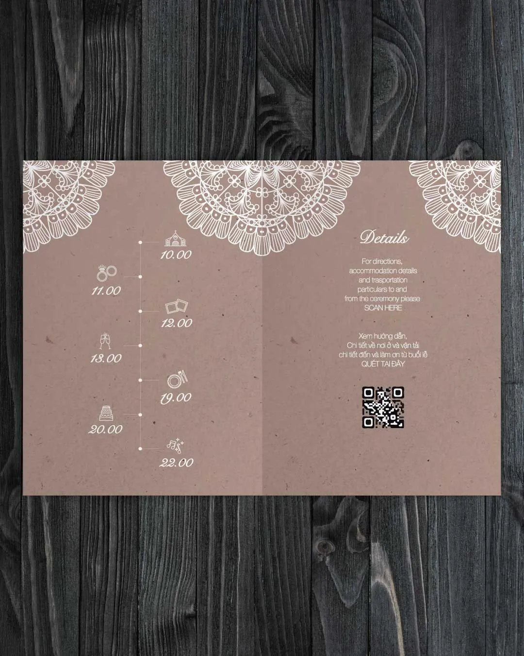 Intricate White Mandala Half Fold Vietnamese & English Wedding Invitation