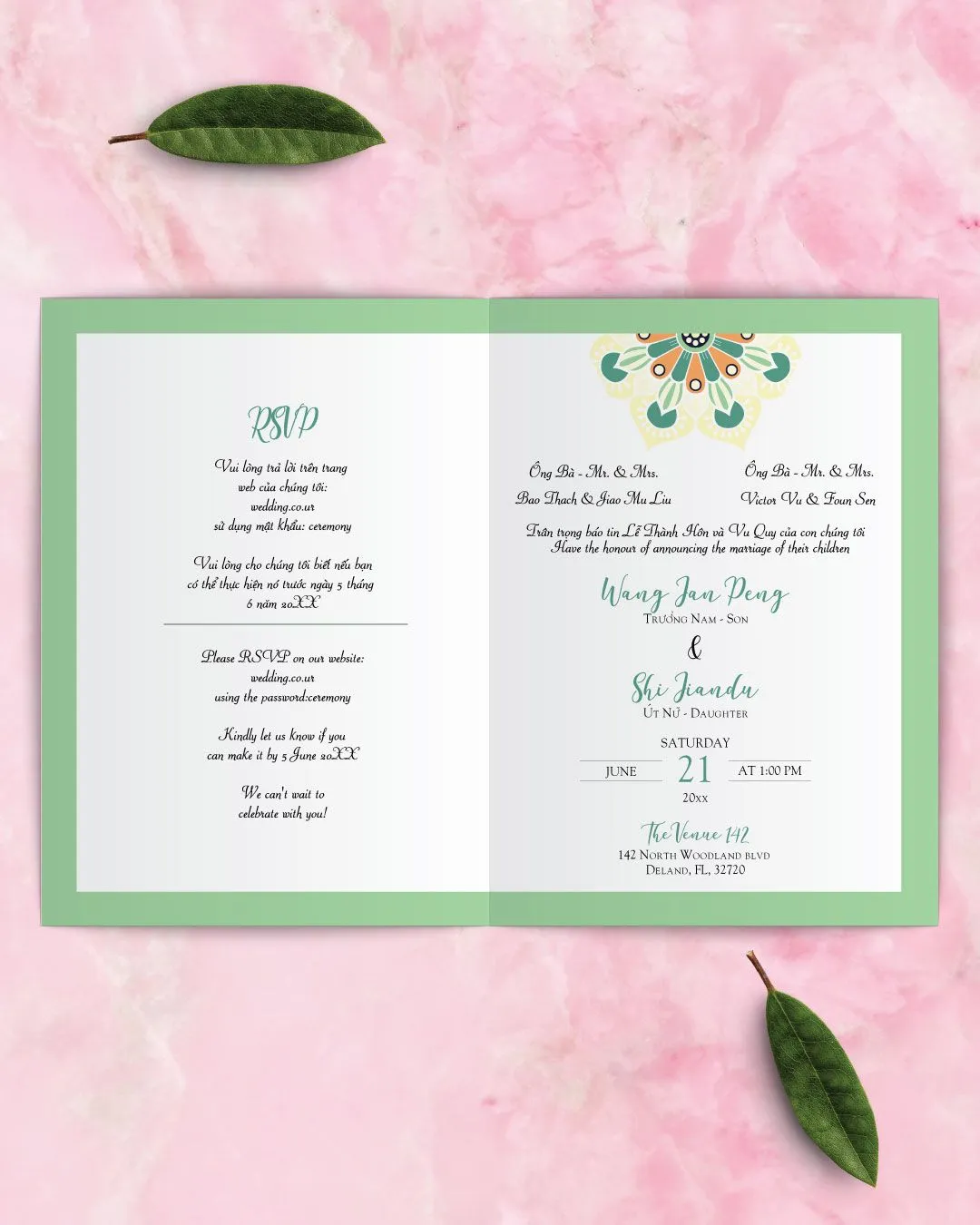 Bright Mosaic Pattern Half Fold Vietnamese & English Wedding Invitation