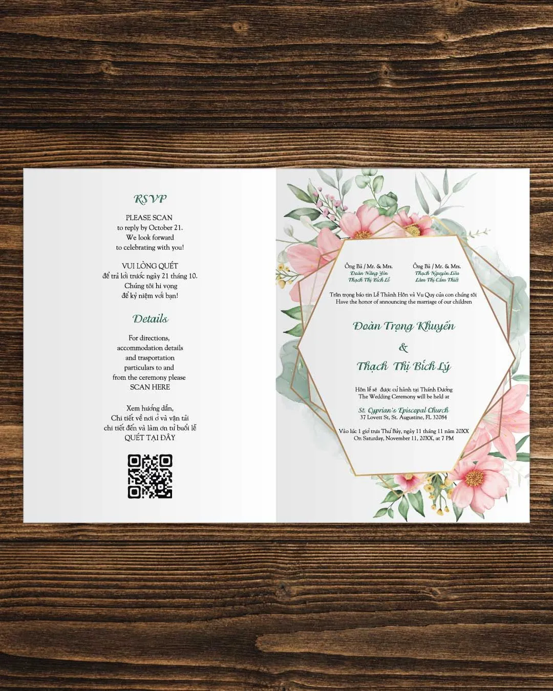 Detailed Pink Spring Half Fold Vietnamese & English Wedding Invitation