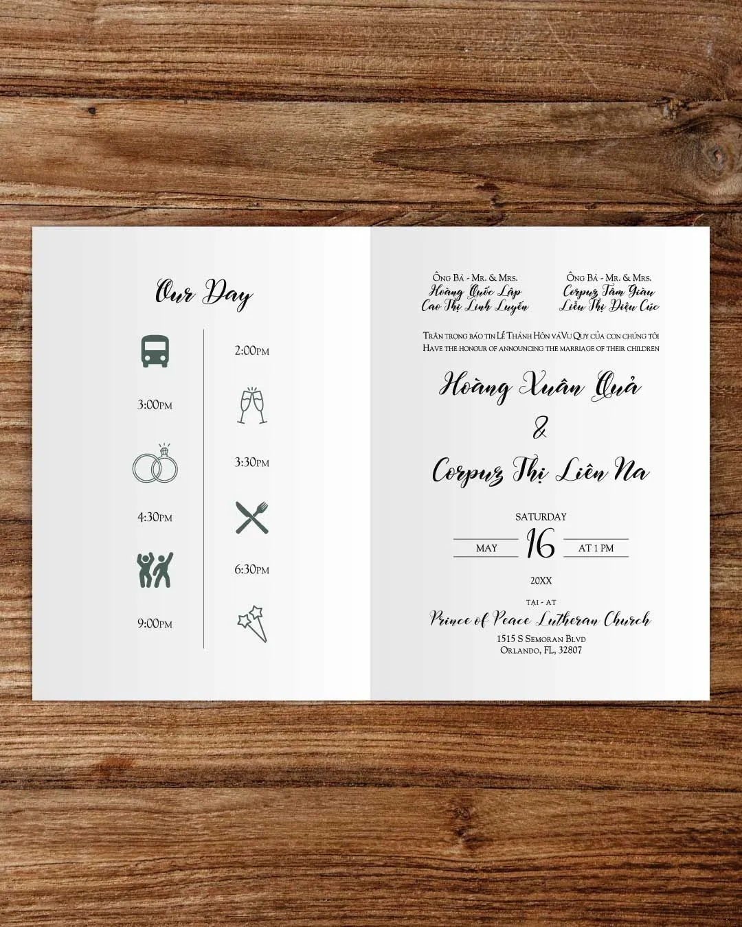 Dark Green Writing Half Fold Vietnamese & English Wedding Invitation