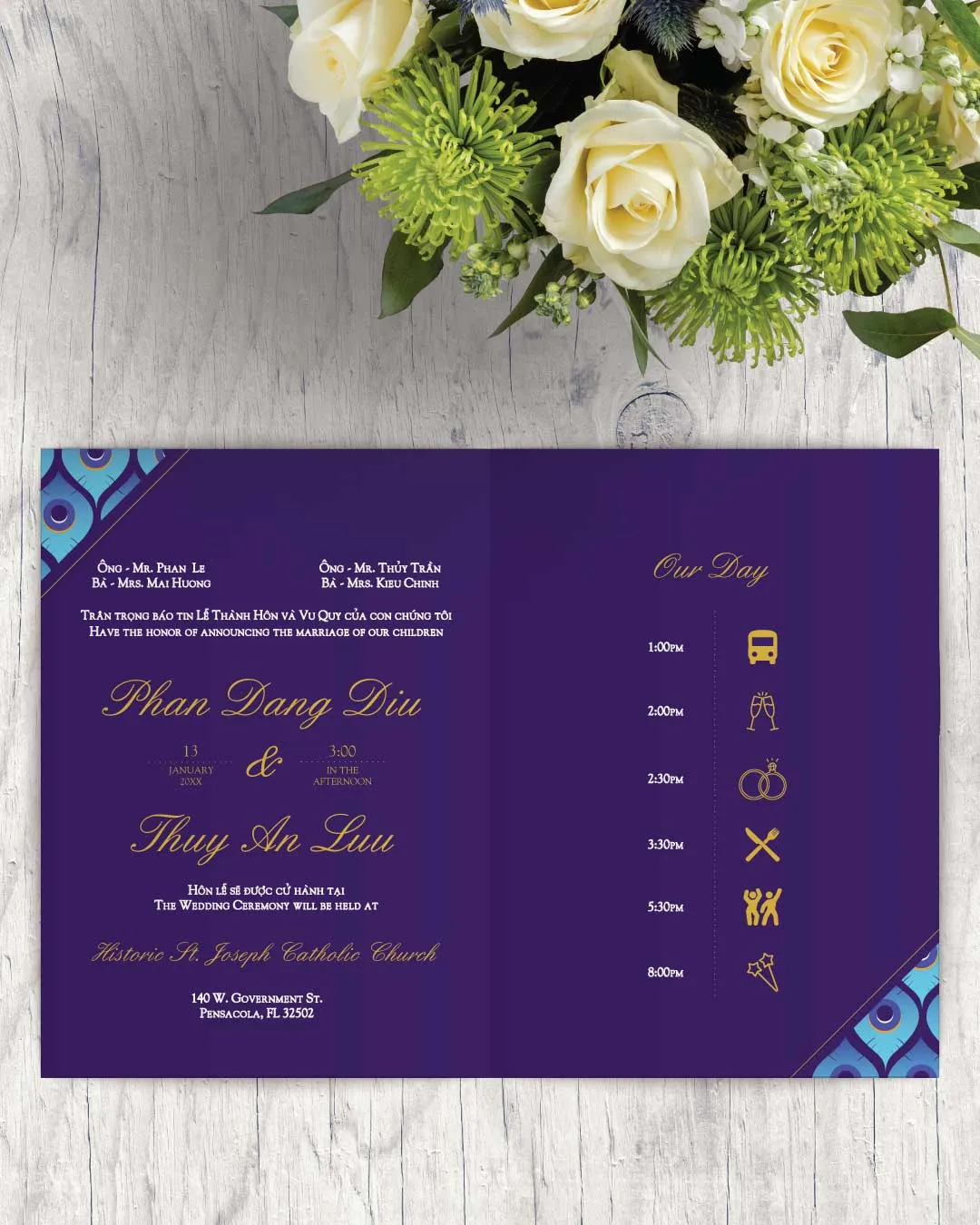 Blue With Peacock Pattern Half Fold Vietnamese & English Wedding Invitation