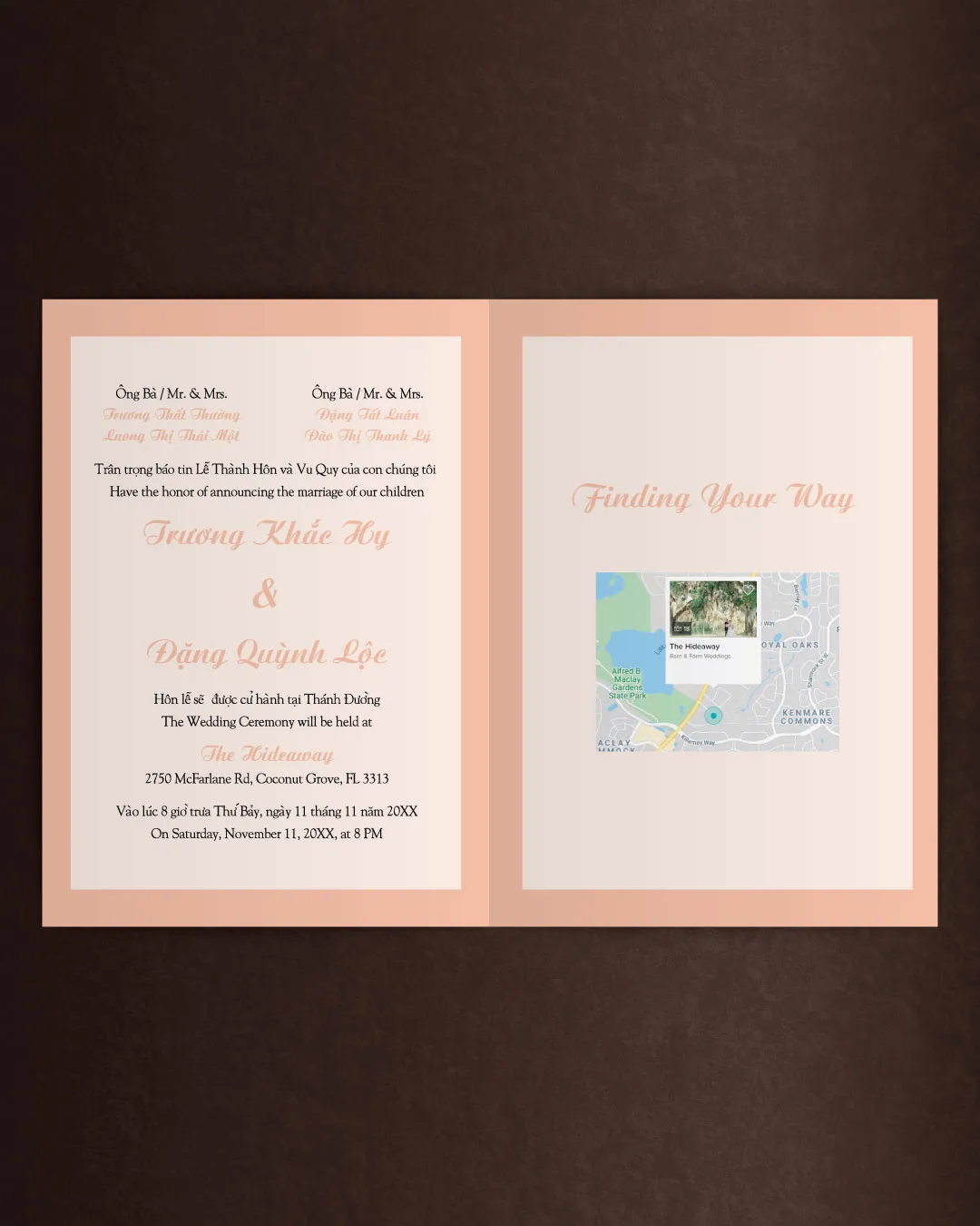 Cute Couple On A Bike Half Fold Vietnamese & English Wedding Invitation