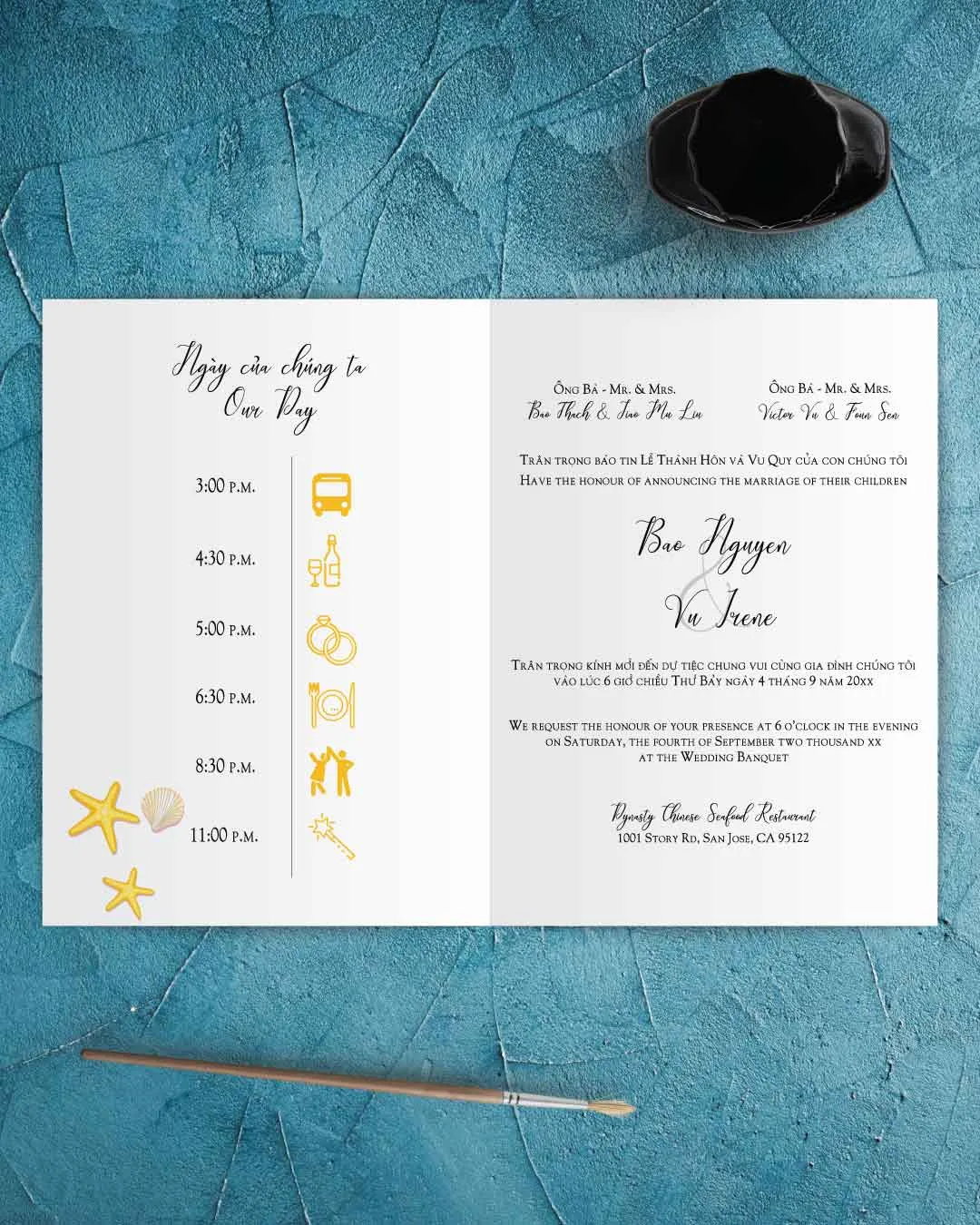 Saturated Summer Beach Half Fold Vietnamese & English Wedding Invitation