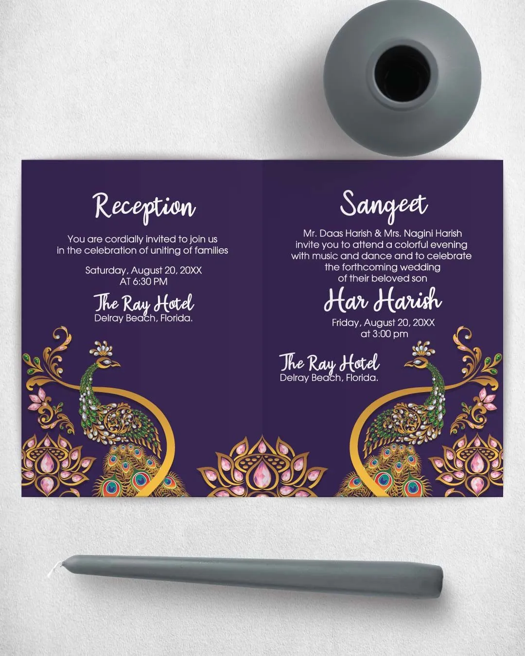 Peacock and Crystal Flowers Half Fold Wedding Invitation