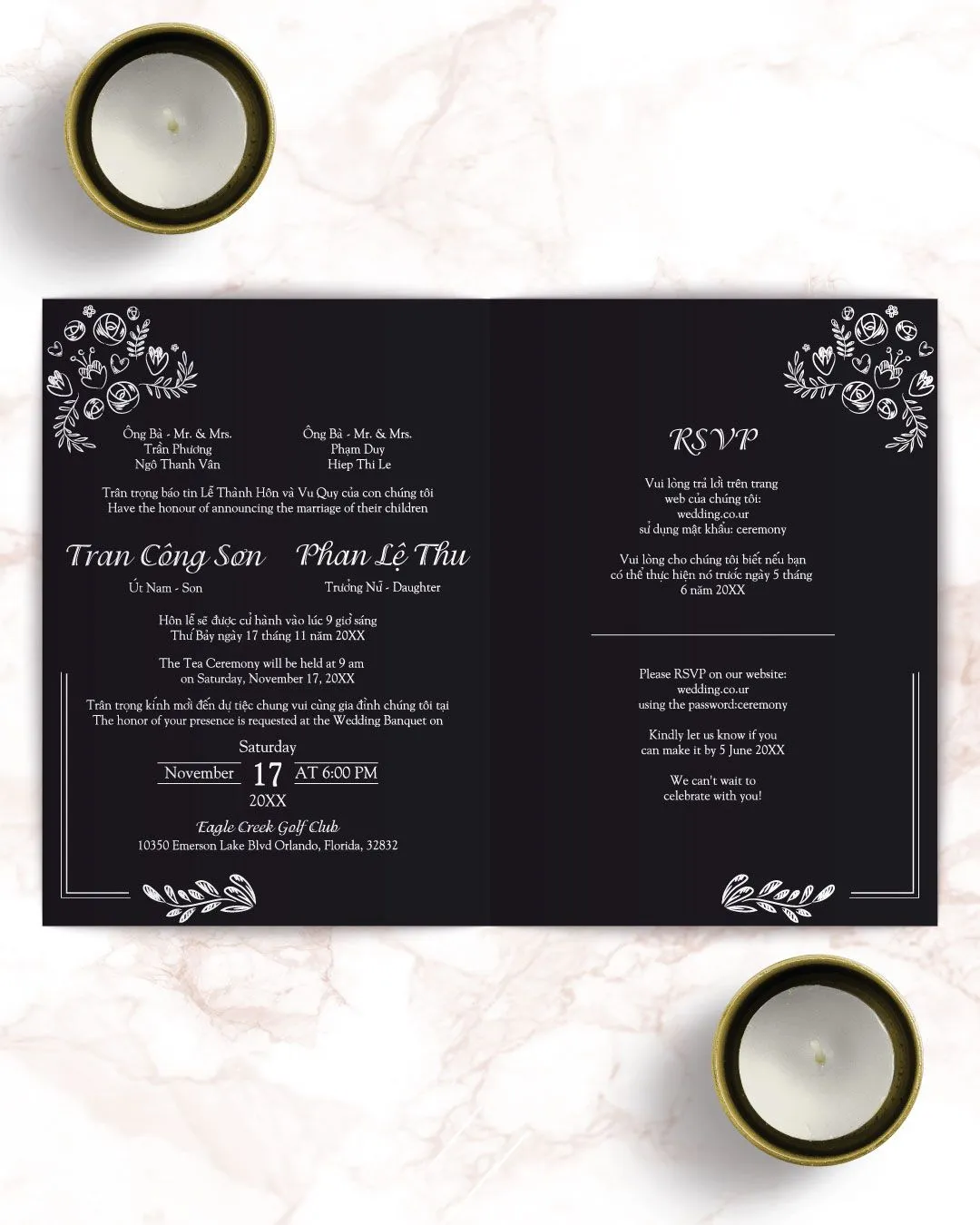 Chalk Writing Half Fold Vietnamese & English Wedding Invitation