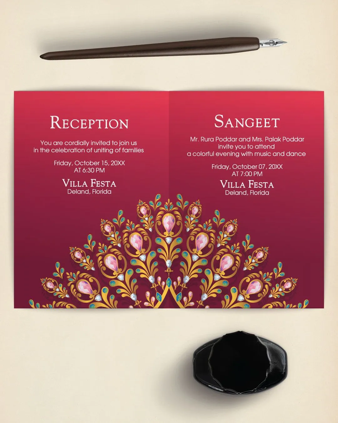 Symmetrical Fanned Jeweled Half Fold Wedding Invitation