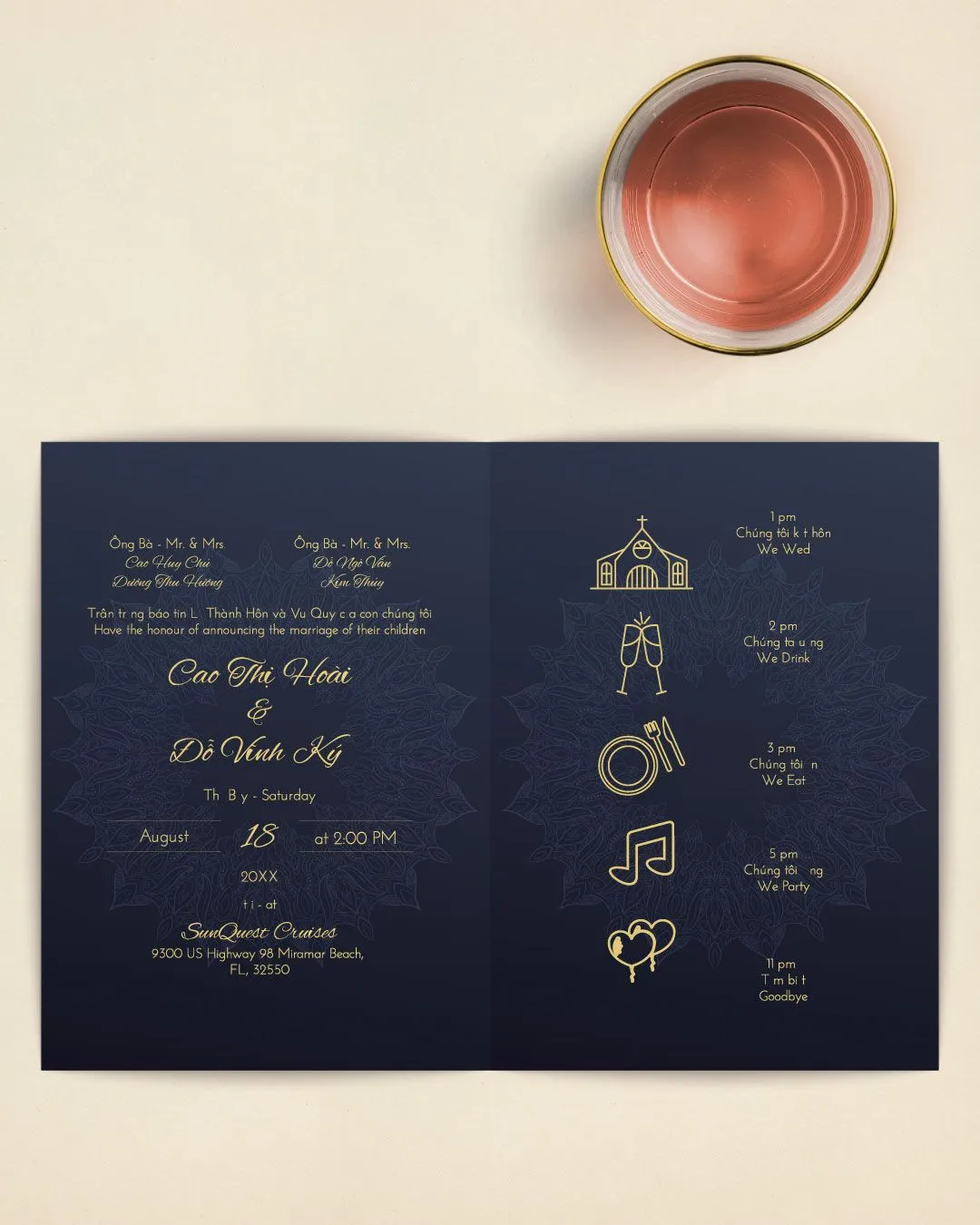 Luxurious Golden Motif Half Fold Vietnamese & English Wedding Invitation