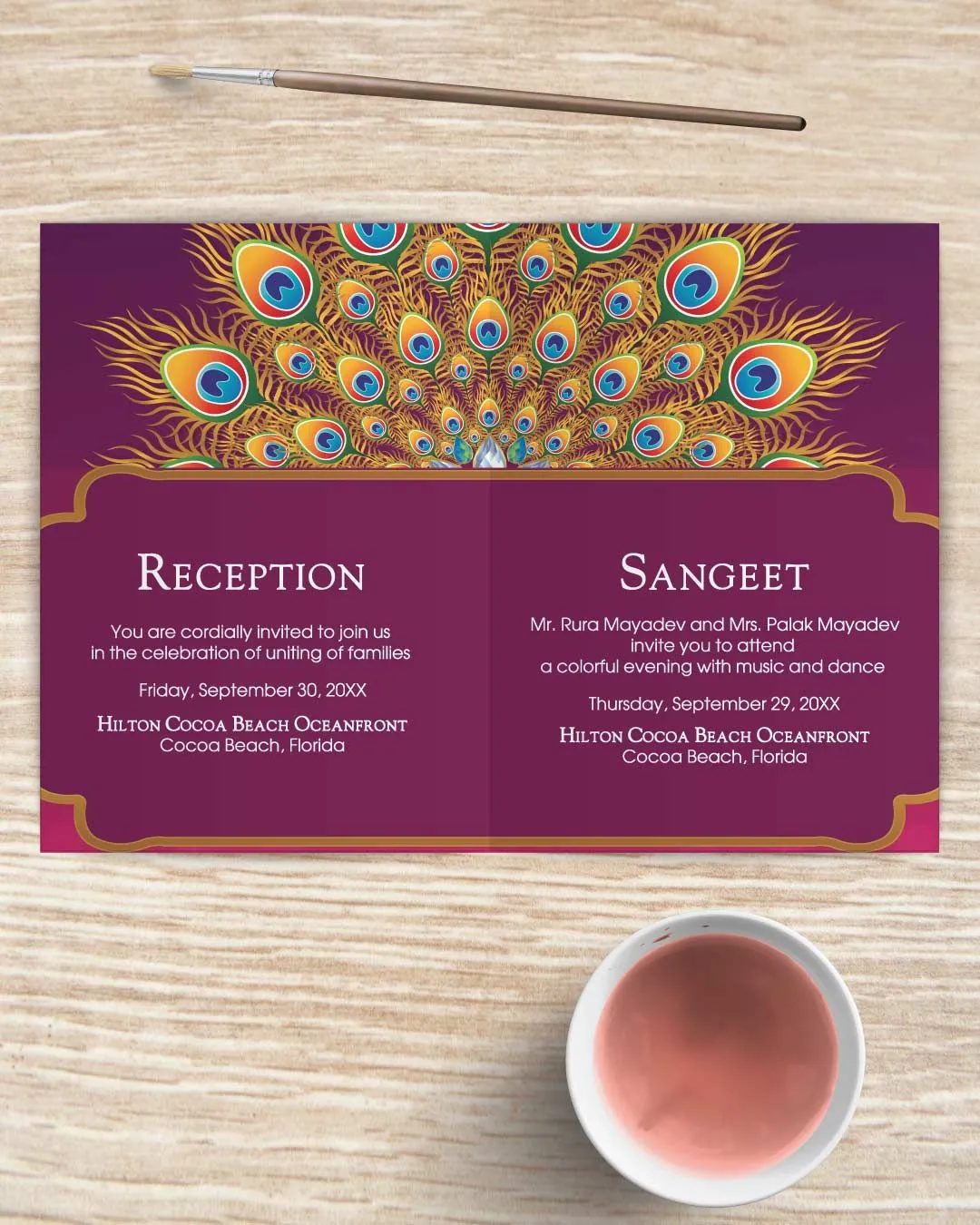 Extravagant Peacock Feathers Half Fold Wedding Invitation