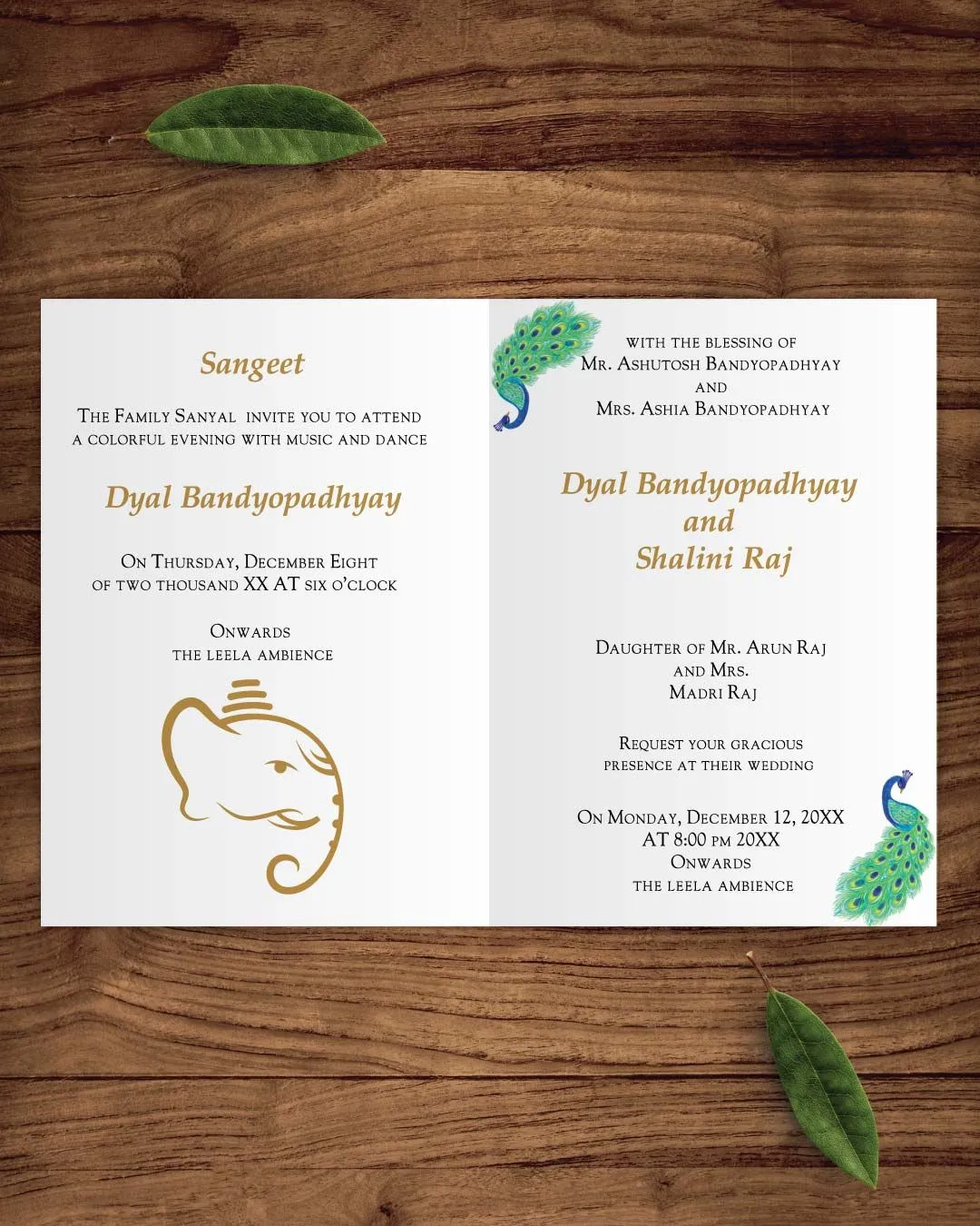 Golden Elephant and Peacocks Half Fold Wedding Invitation
