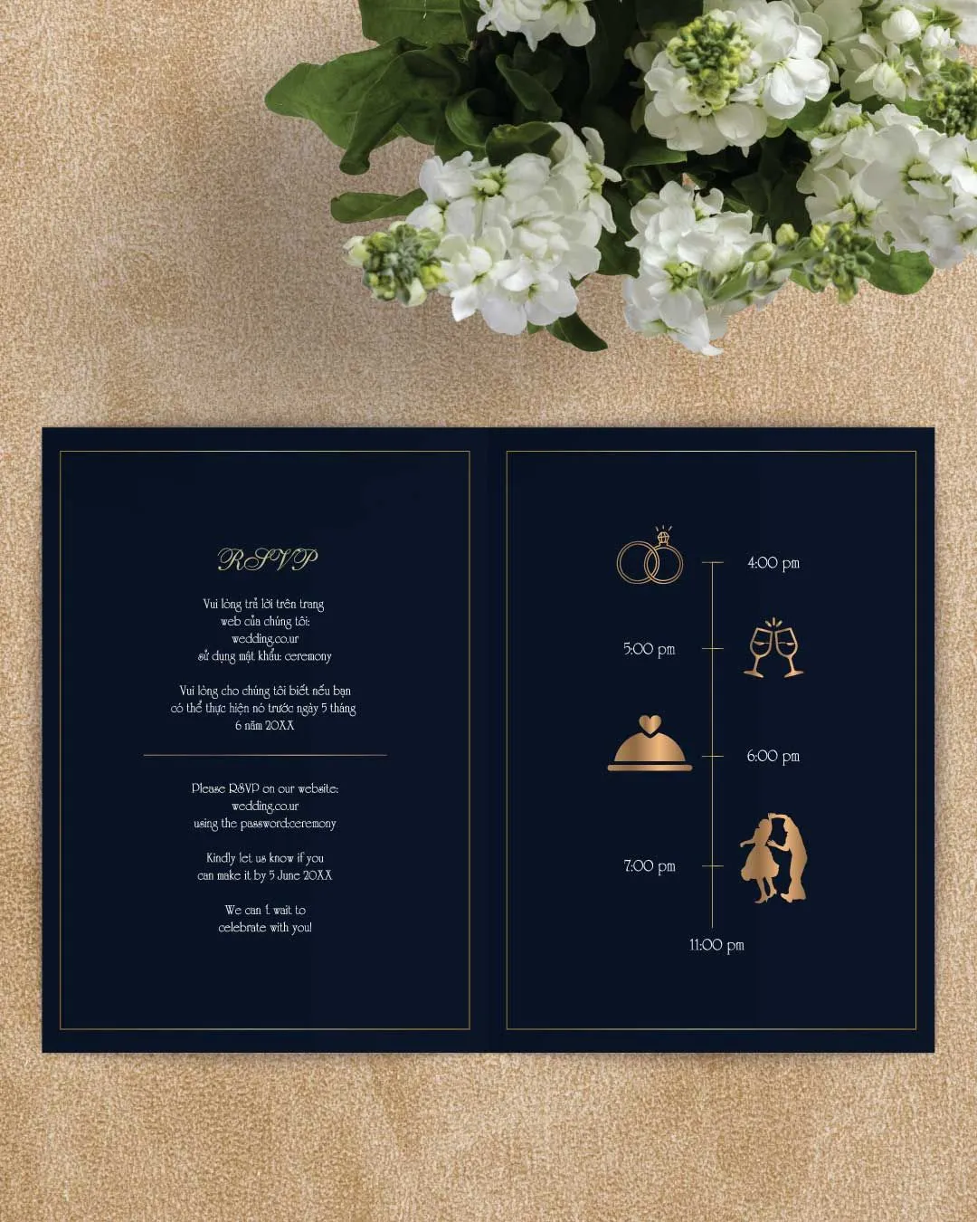 Golden Wreath Half Fold Vietnamese & English Wedding Invitation
