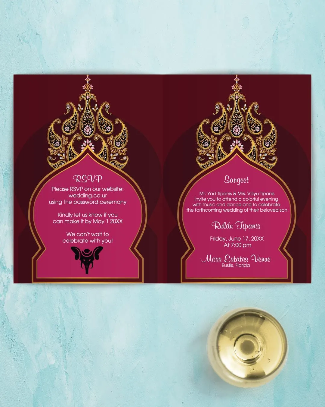 Jeweled Floral Paisley Half Fold Wedding Invitation