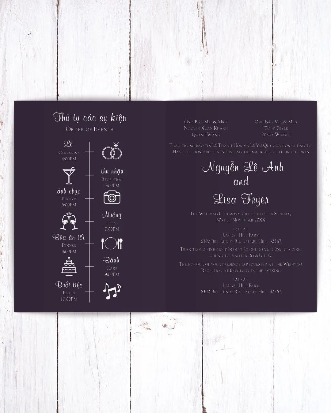 Purple With Golden Pattern Half Fold Vietnamese & English Wedding Invitation