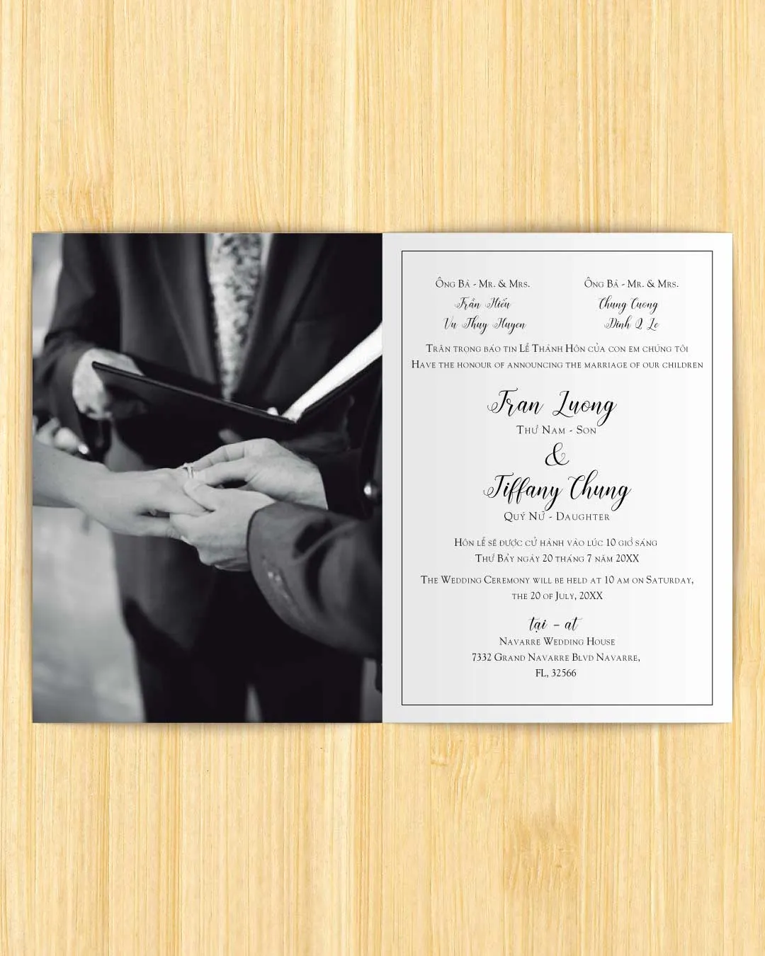 Simple Design With Photo Half Fold Vietnamese & English Wedding Invitation