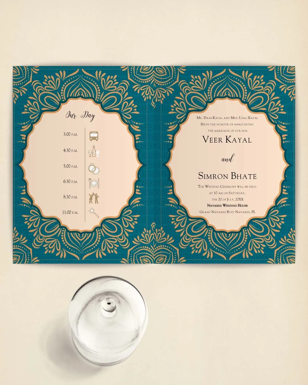 Sprightly Golden Pattern Half Fold Wedding Invitation