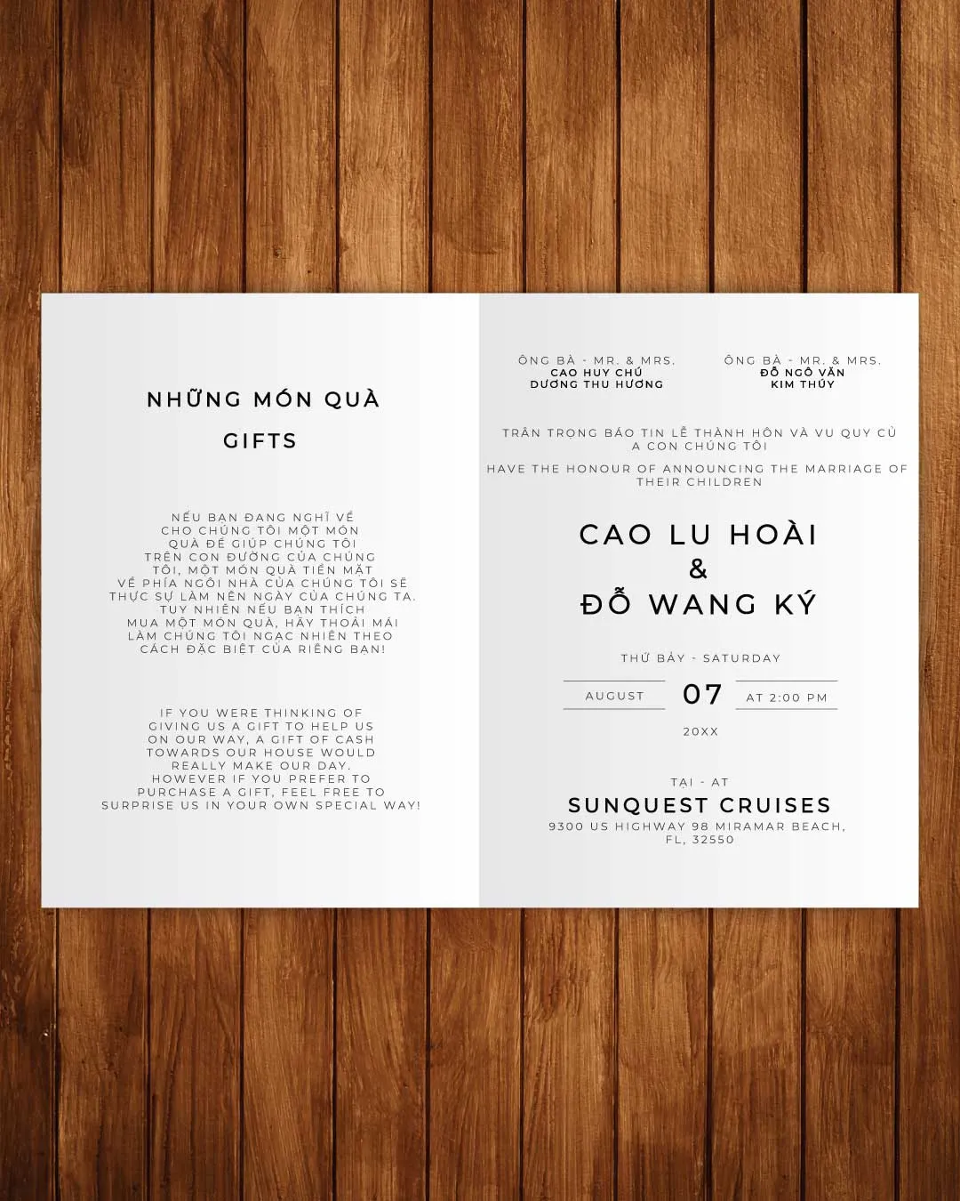 Cute Calendar Invitation Half Fold Vietnamese & English Wedding Invitation