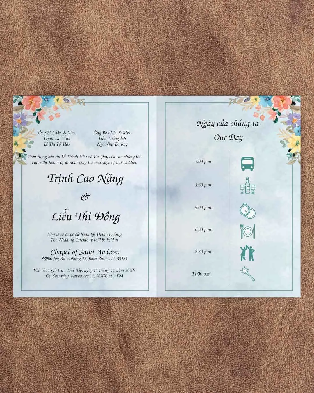 Colorful Floral Bouquet Half Fold Vietnamese & English Wedding Invitation