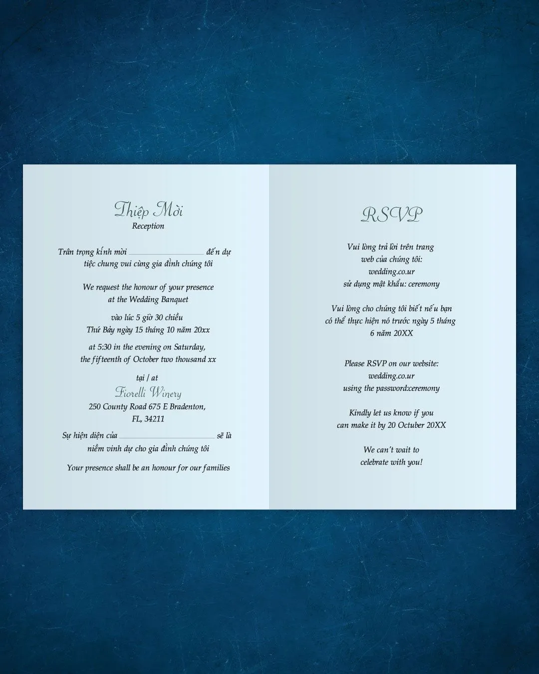 Deep Red Roses Half Fold Vietnamese & English Wedding Invitation