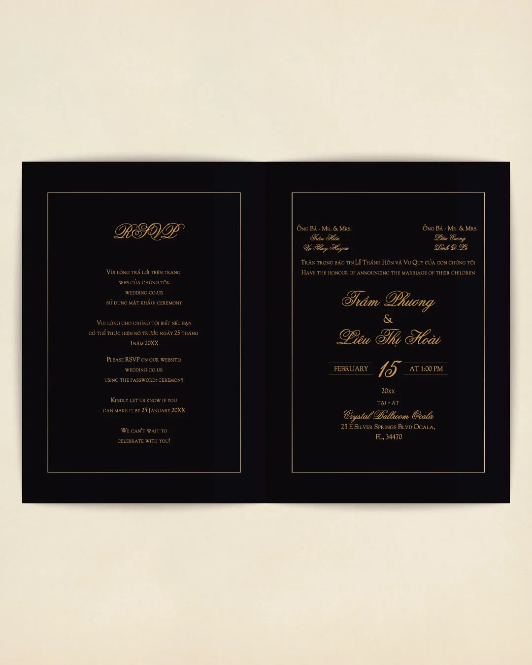 Realistic Shaded Flower Half Fold Vietnamese & English Wedding Invitation