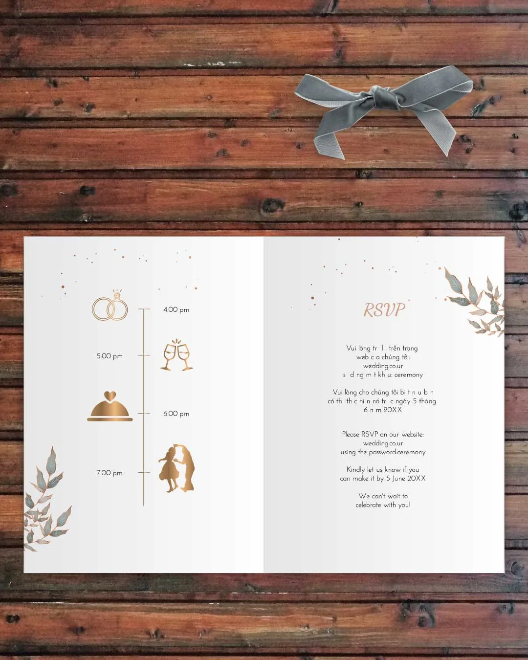 Geometric Heart And Leaves Half Fold Vietnamese & English Wedding Invitation