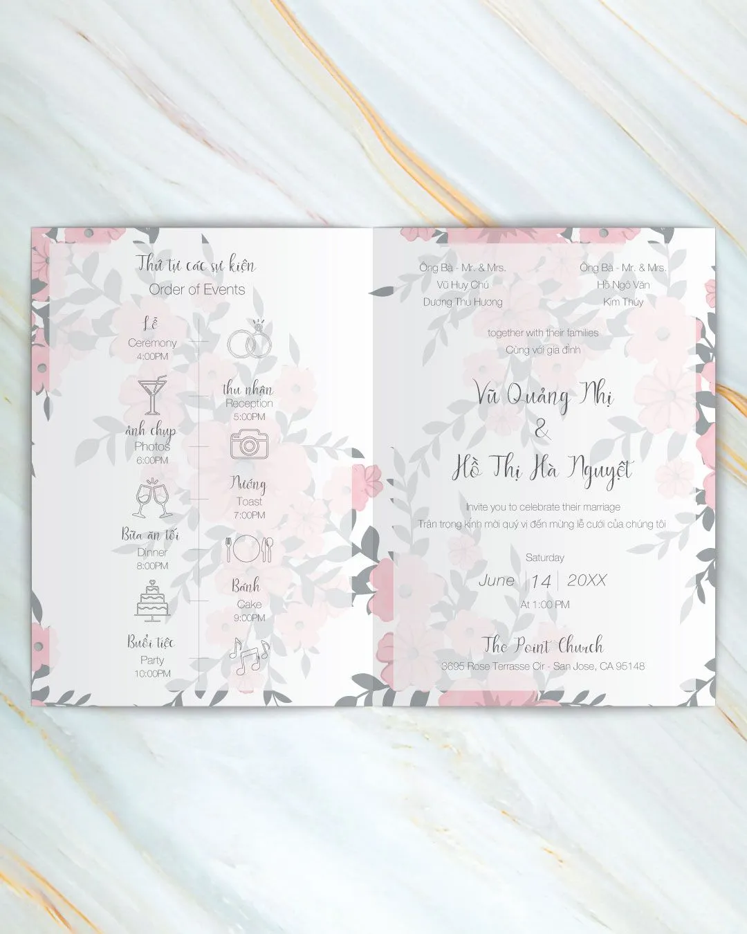 Soft Pink Flowers Half Fold Vietnamese & English Wedding Invitation