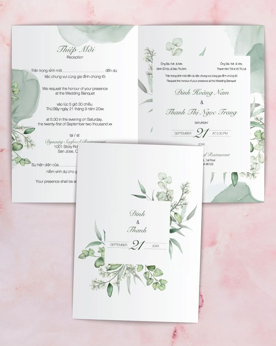 Forest Green Leaves Half Fold Vietnamese & English Wedding Invitation