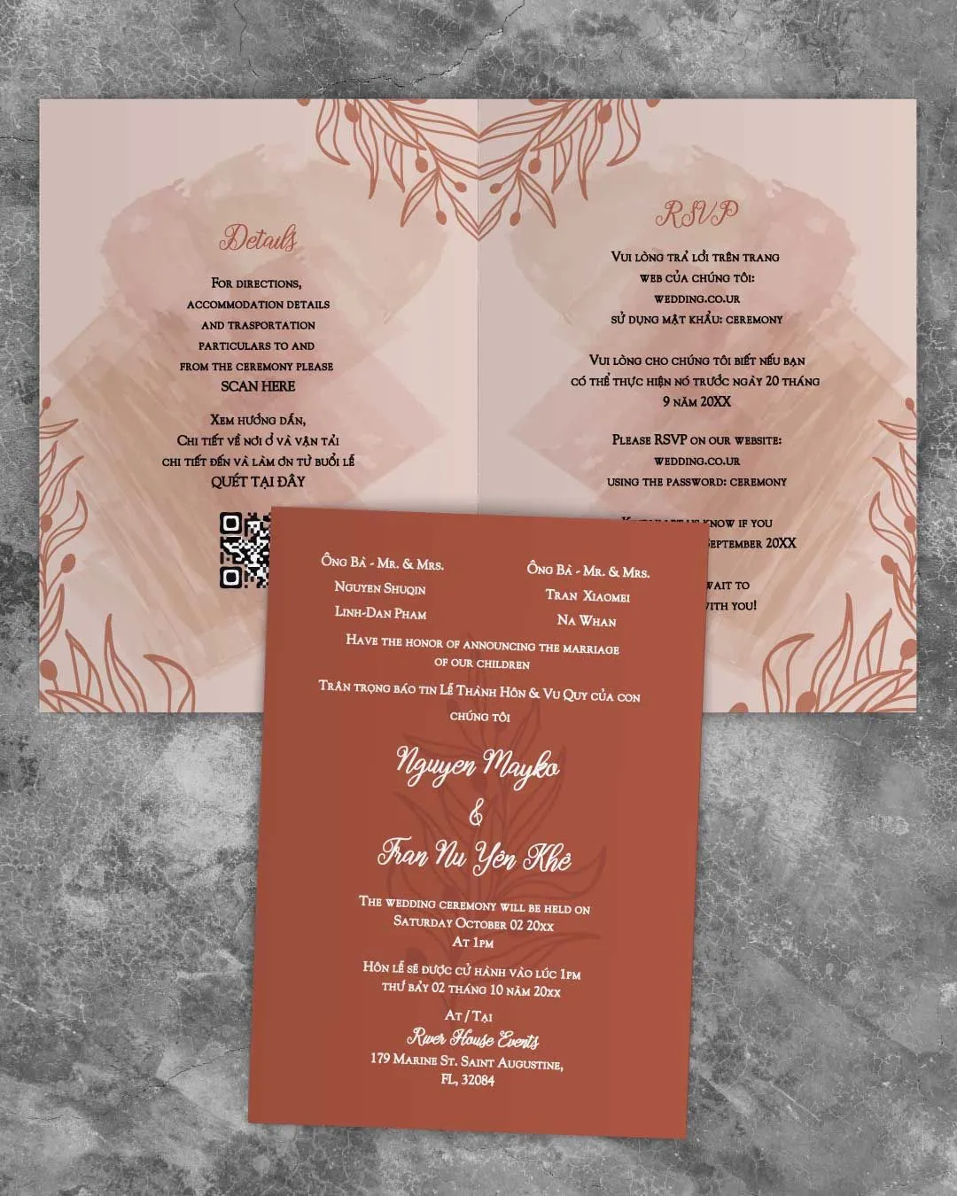 Rough Peach Brushstrokes Half Fold Vietnamese & English Wedding Invitation