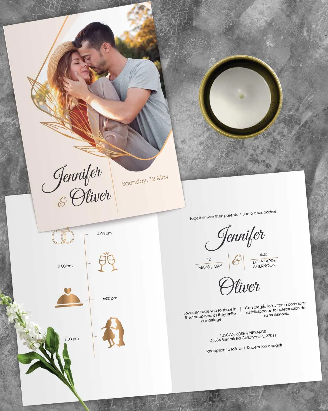 Decorations & Couple's Photo Half Fold Spanish & English Wedding Invitation