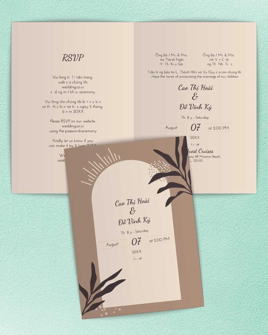 Simple Nude Invitation Half Fold Vietnamese & English Wedding Invitation