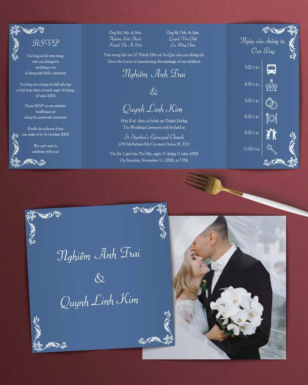 Blue Invitation with Borders 7x7 Gate Fold Wedding Invitation