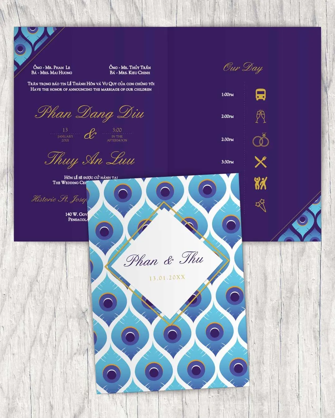 Blue With Peacock Pattern Half Fold Vietnamese & English Wedding Invitation
