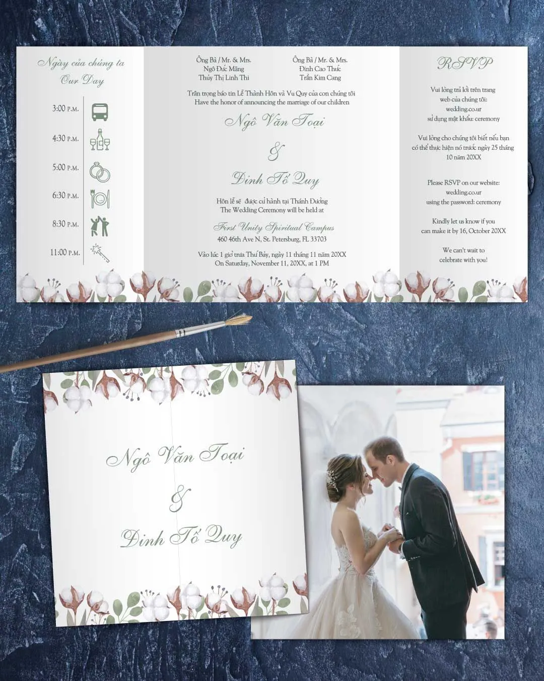 Cotton Plants 7x7 Gate Fold Wedding Invitation