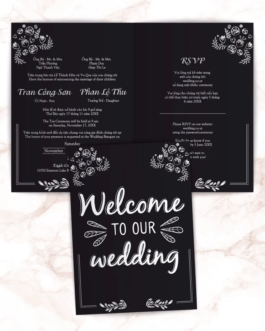 Chalk Writing Half Fold Vietnamese & English Wedding Invitation