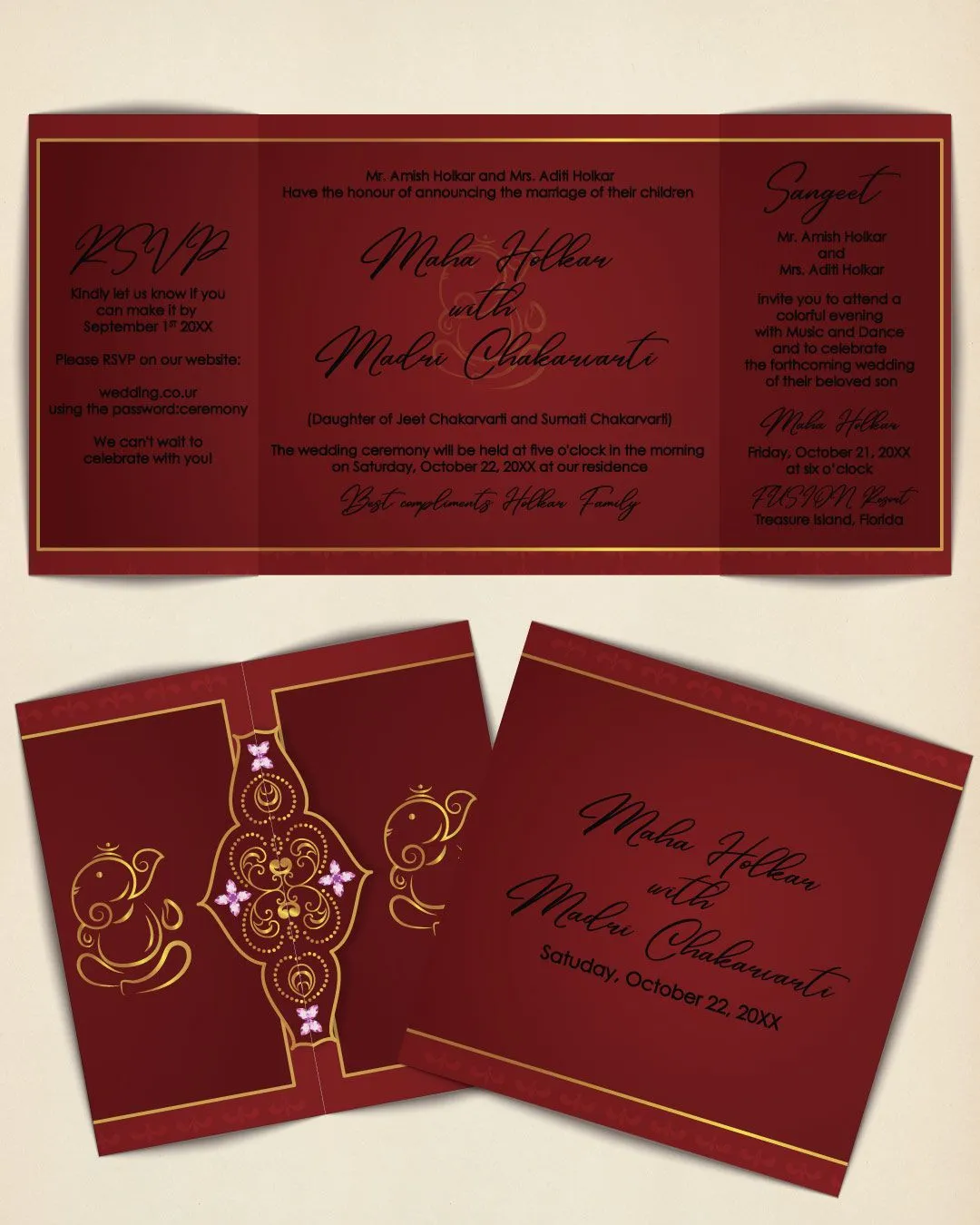 Gold with Jewels Purple 7x7 Gate Fold Wedding Invitation