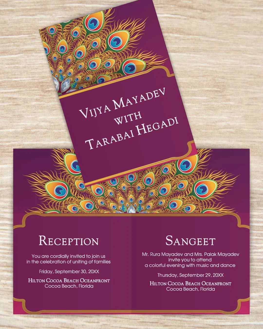Extravagant Peacock Feathers Half Fold Wedding Invitation