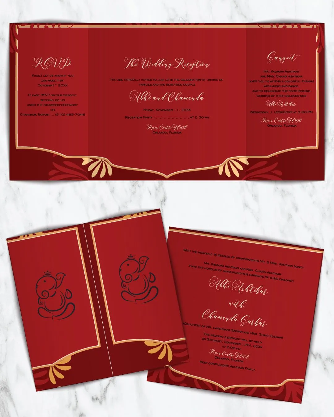 Ganesha Leaves on Red 7x7 Gate Fold Wedding Invitation