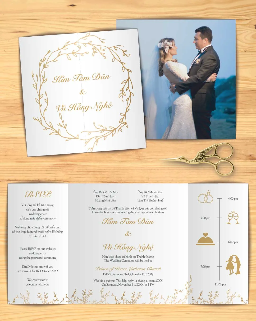 Golden Branches 7x7 Gate Fold Wedding Invitation Template