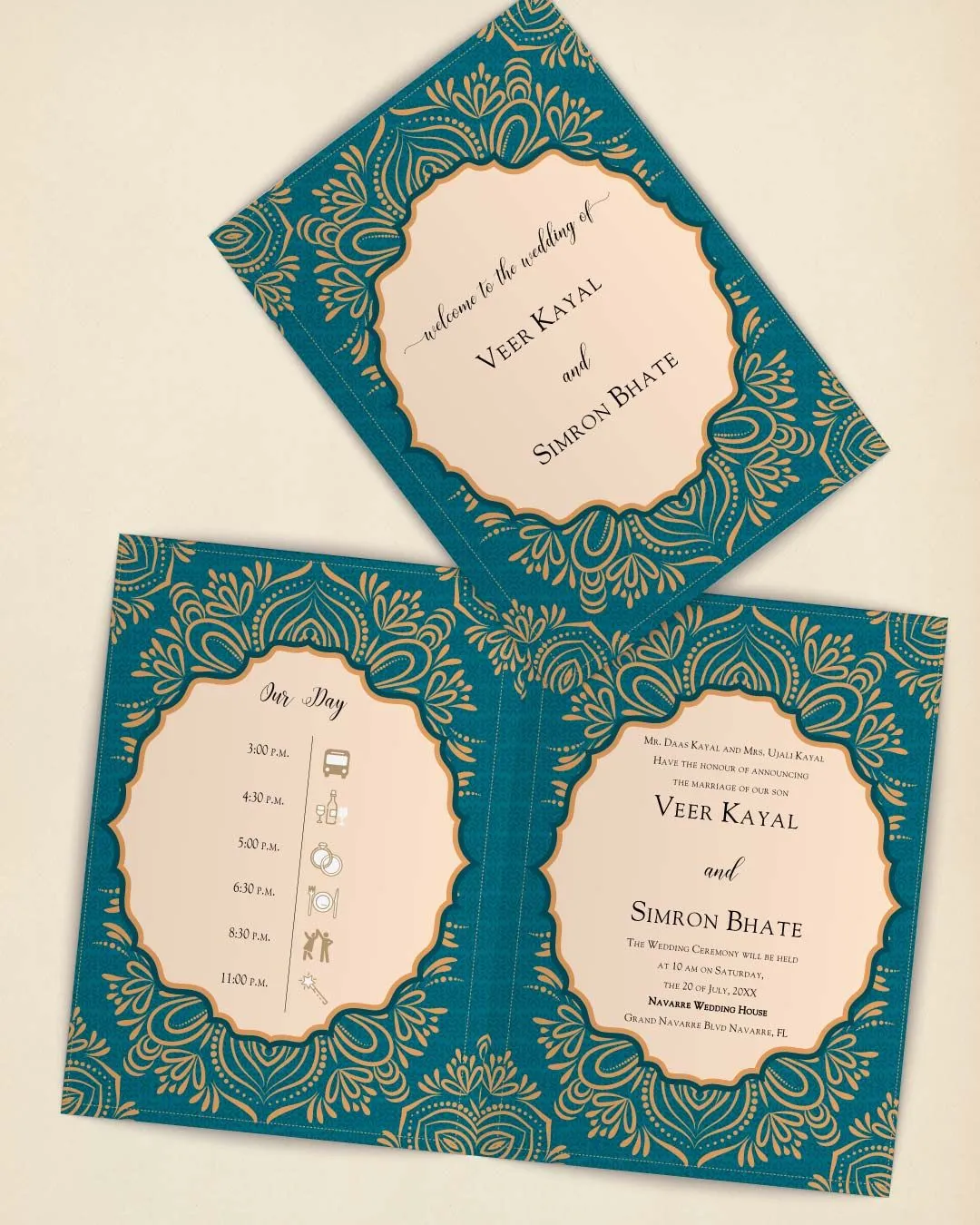 Sprightly Golden Pattern Half Fold Wedding Invitation