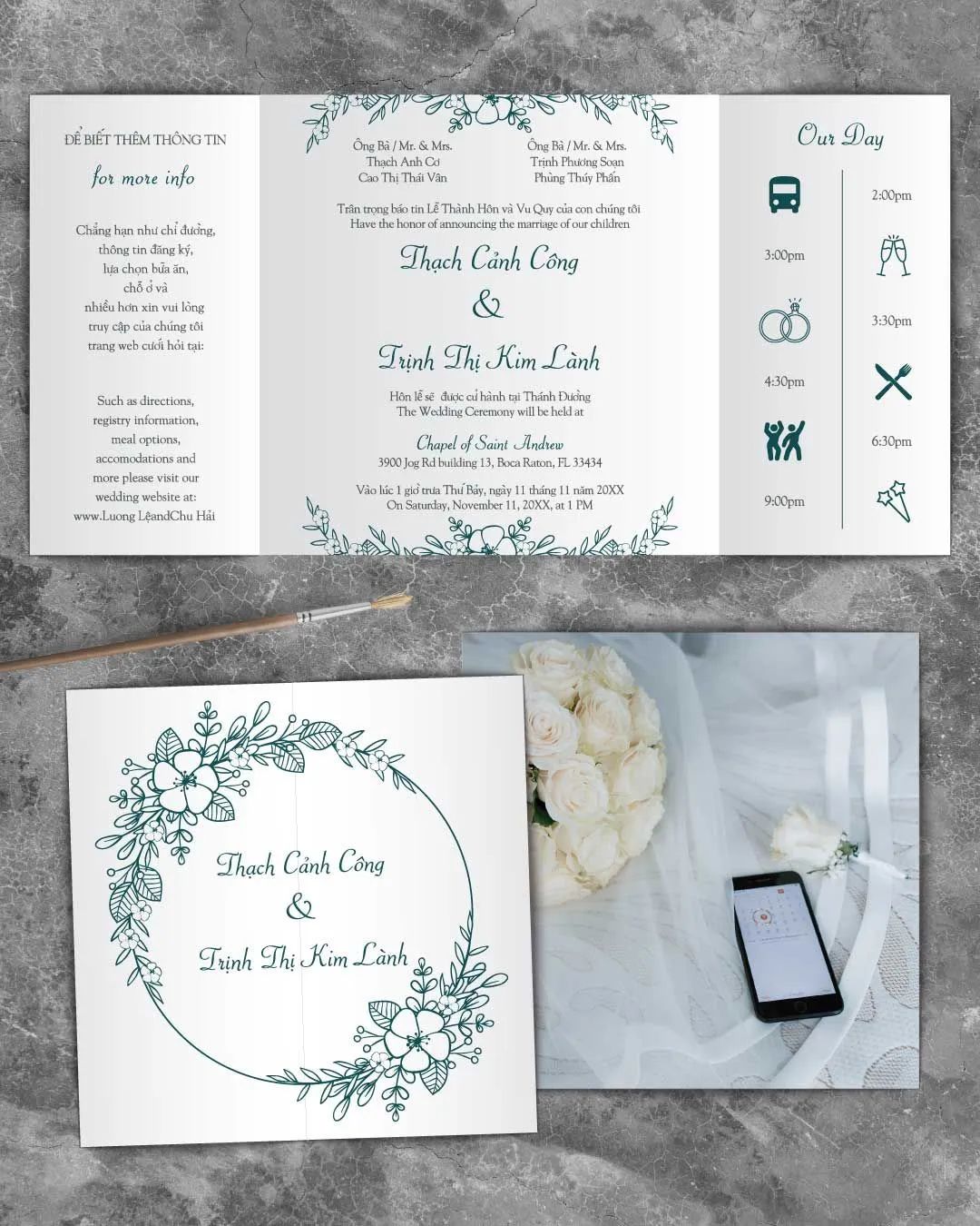 Handmade Teal Flowers 7x7 Gate Fold Wedding Invitation