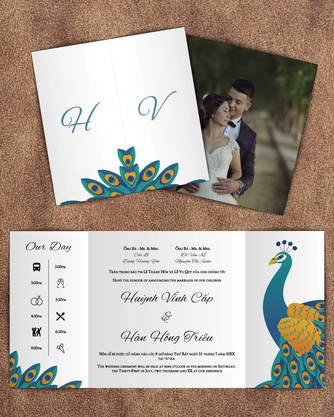 Peacock with Feathers 7x7 Gate Fold Wedding Invitation