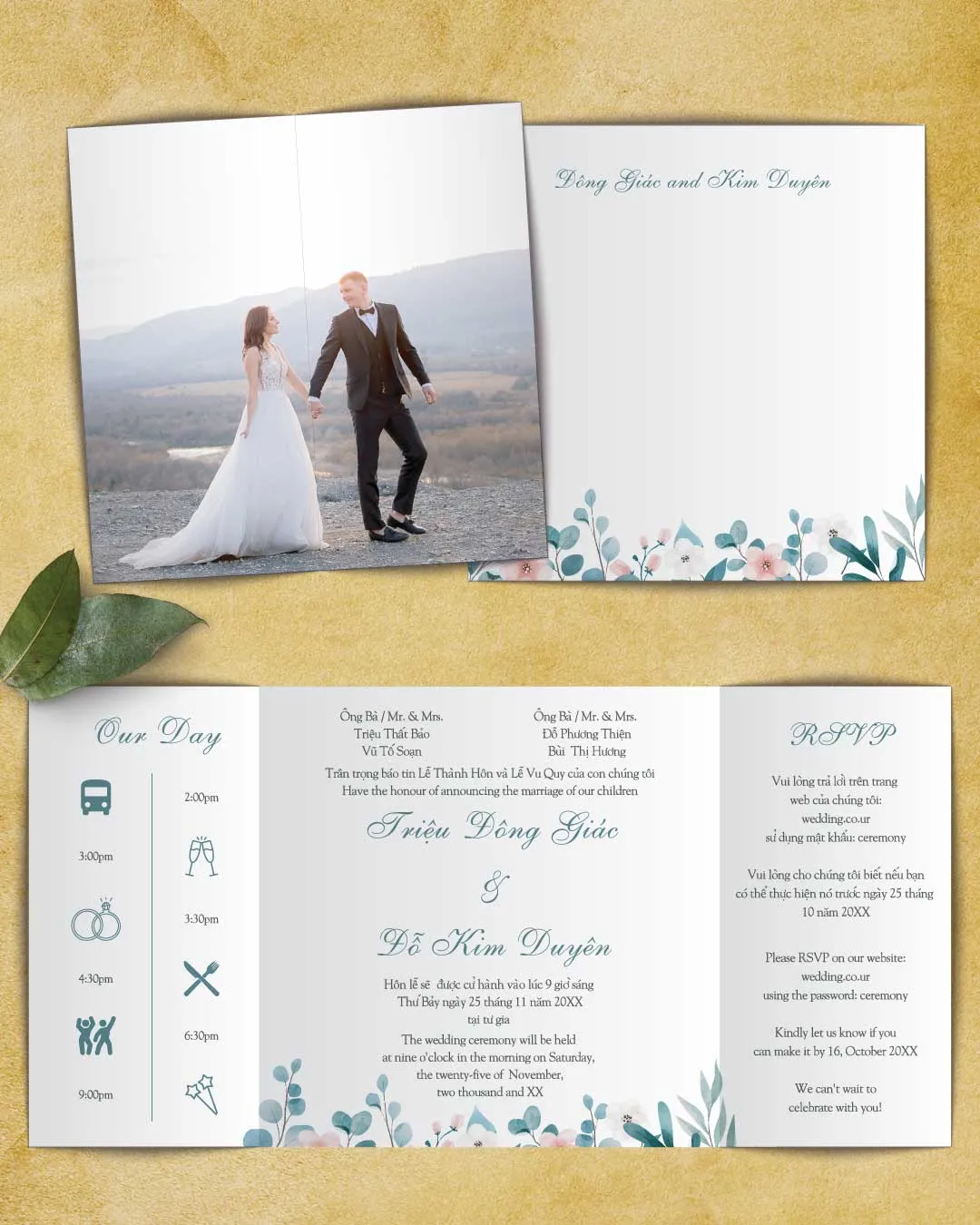 Blue and Pink Flora 7x7 Gate Fold Wedding Invitation