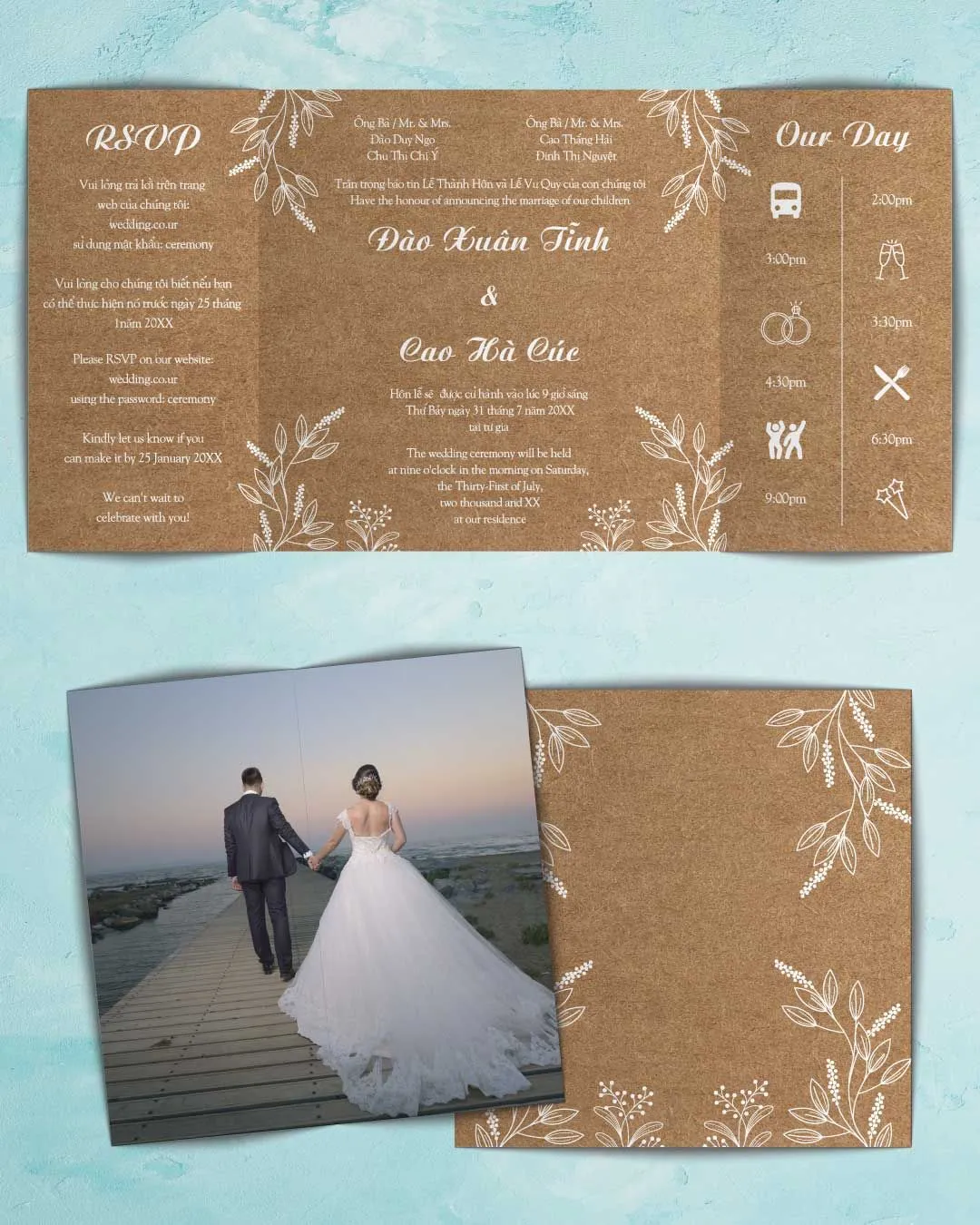 Tropical Flowers on Sand 7x7 Gate Fold Wedding Invitation