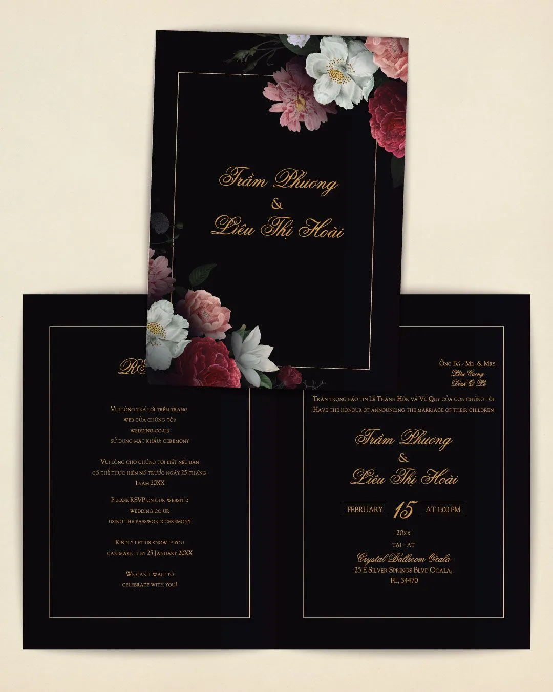Realistic Shaded Flower Half Fold Vietnamese & English Wedding Invitation