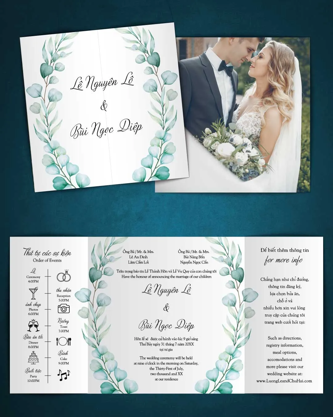Aquamarine Leaves 7x7 Gate Fold Wedding Invitation