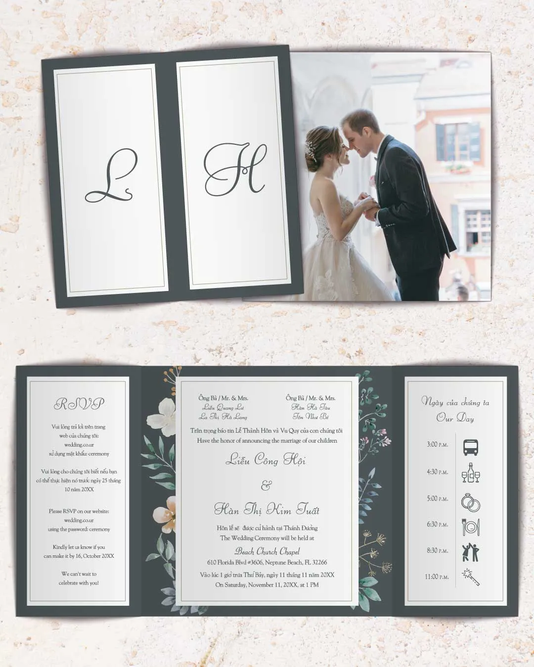Delicate Flowers and Leaves 7x7 Gate Fold Wedding Invitation