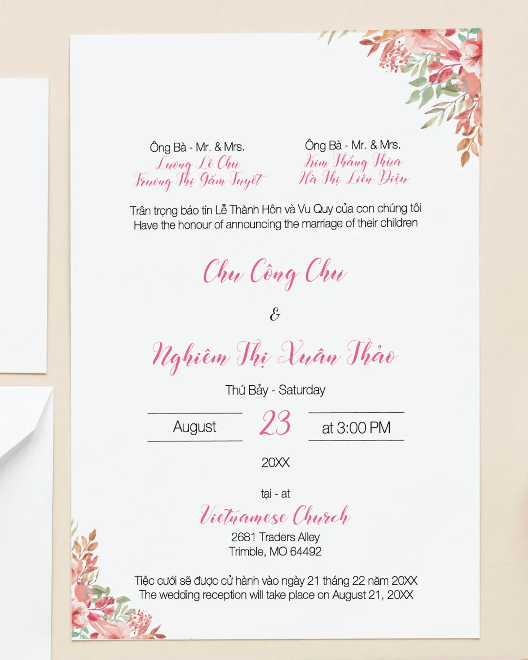 Blush Bloom Simple Flat 5x7 Wedding Invitation 2