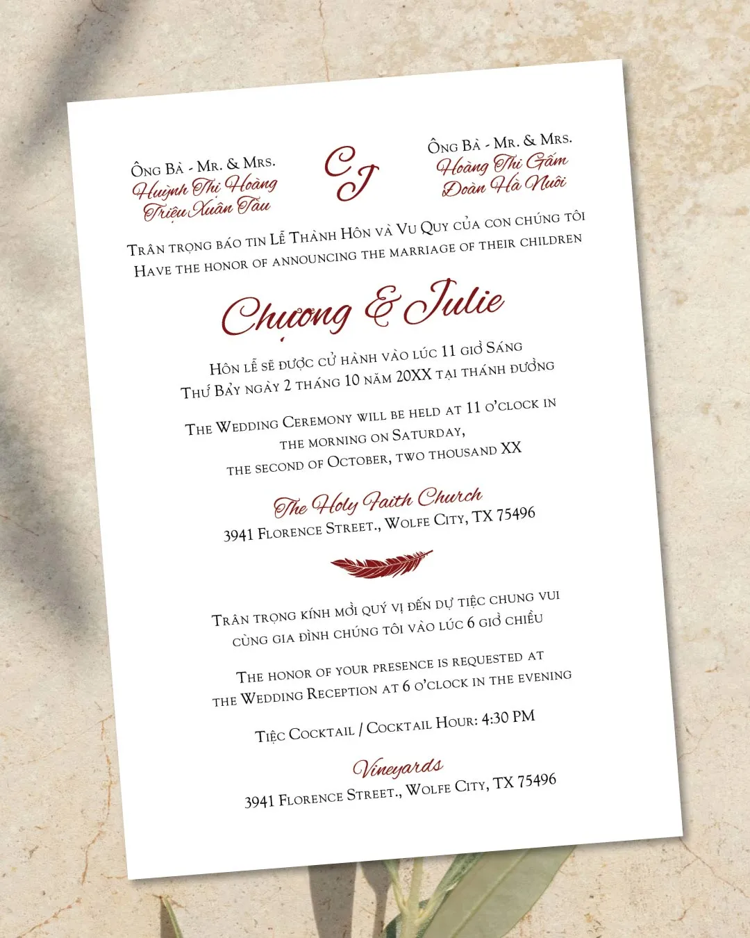 Crimson Classic Design Simple Flat 5x7 Wedding Invitation 2