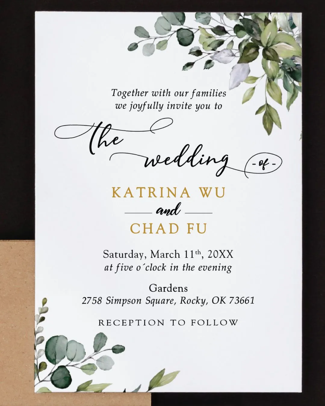 Botanical Greenery Simple Flat 5x7 Wedding Invitation 2