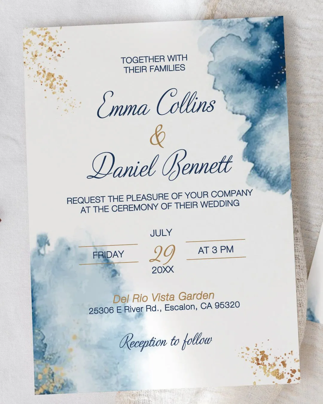 Blue and Gold Dreams Simple Flat 5x7 Wedding Invitation 2